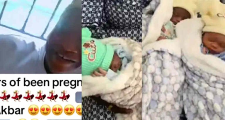 Nigerian woman in jubilation as she finally gives birth to triplets after being pregnant for 9 years